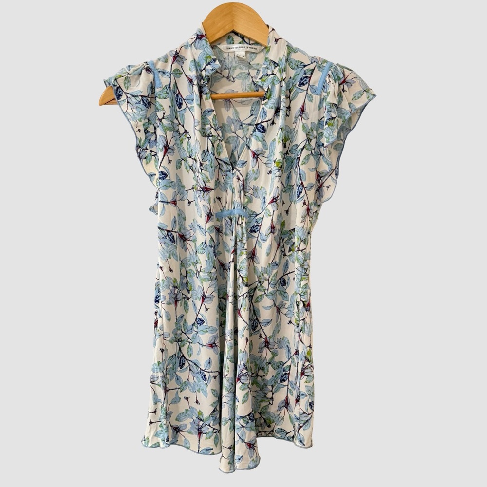 Diane Von Furstenberg Floral V-Neck Flutter Sleeve Blouse - Cream, Blue, Green